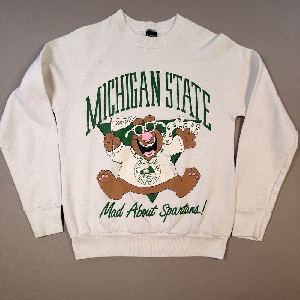 VTG  Michigan State University ‘88 Screen Stars White Cartoon Crewneck Med USA